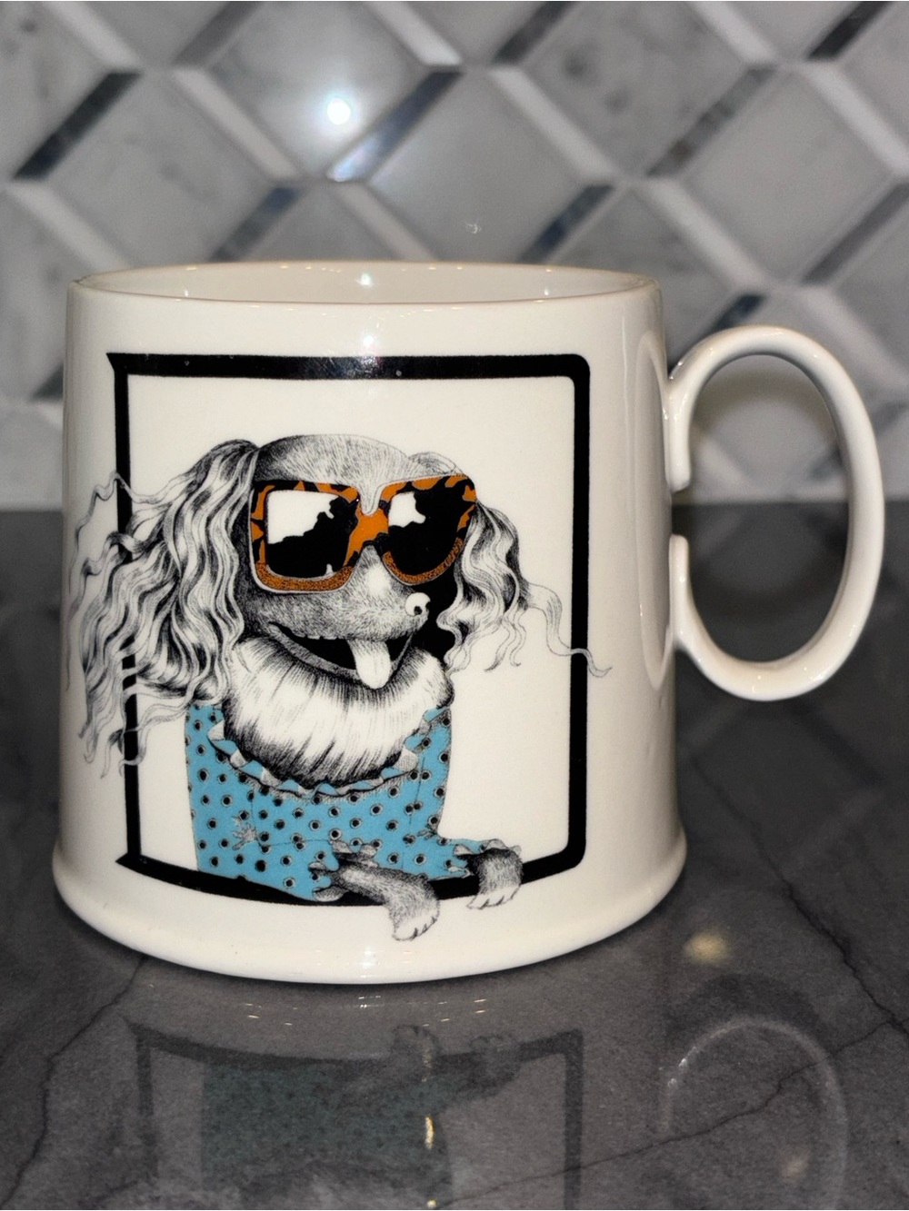 Anthropologie D monogram mug Florence Balducci Dog with sunglasses drawing